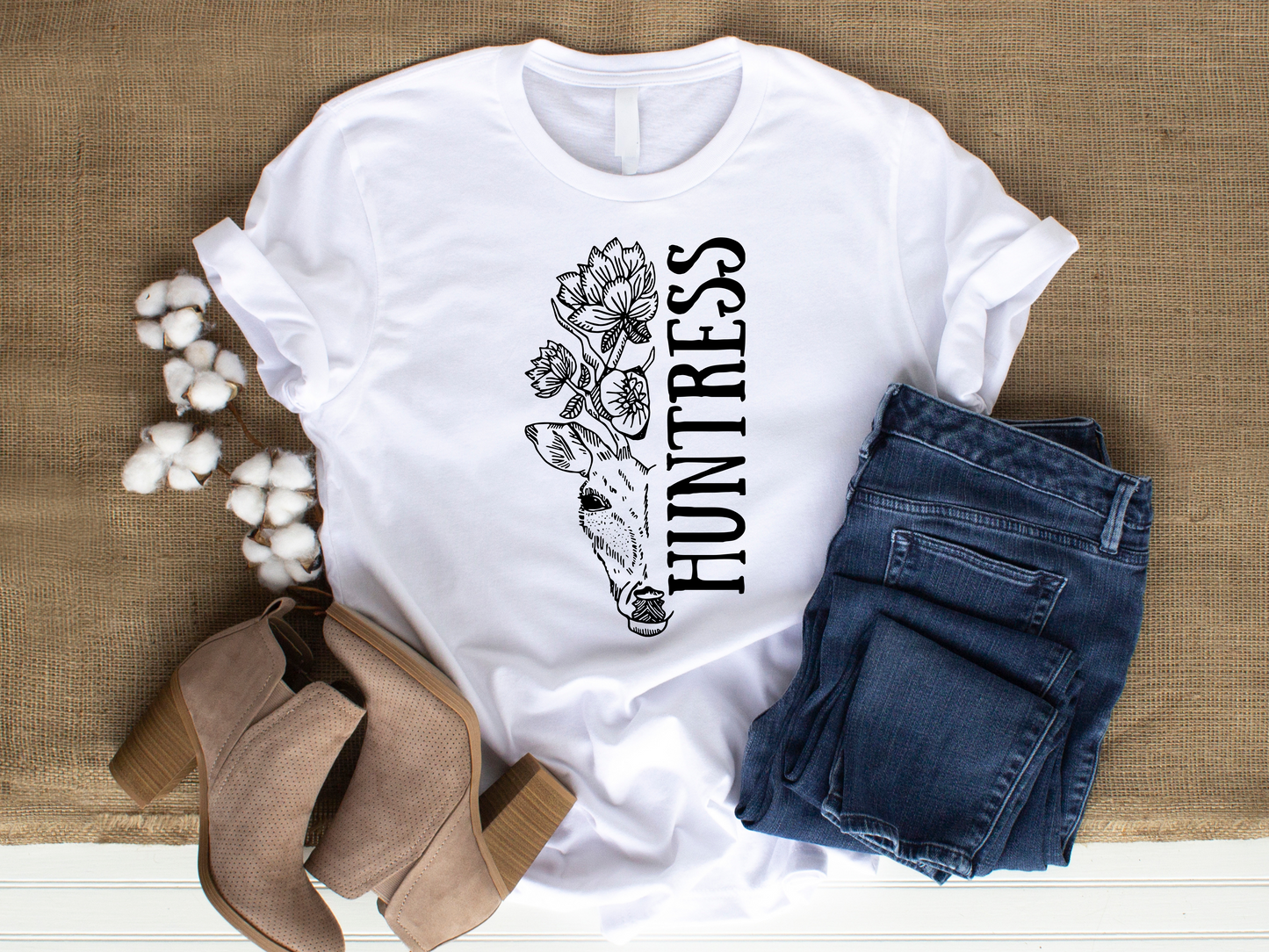 Deer huntress with flower antler baby onesie bodysuit