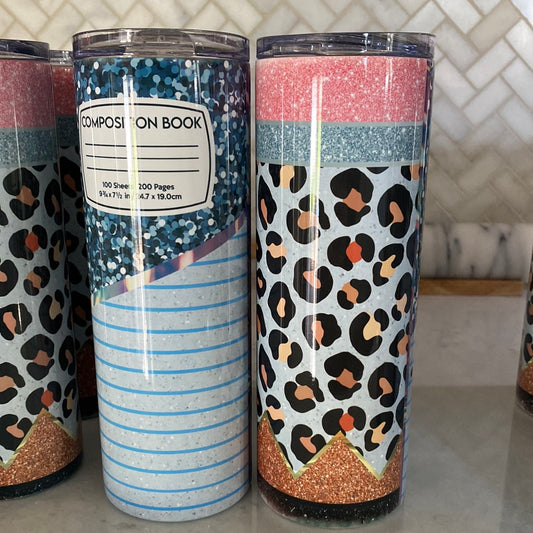 Teacher appreciation tumbler composition notebook pencil and leopard design