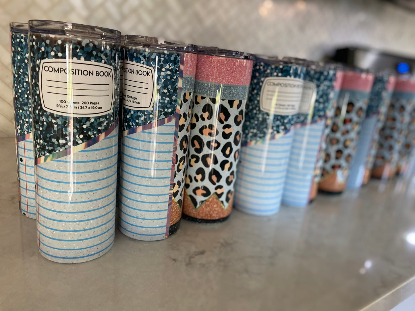 Teacher appreciation tumbler composition notebook pencil and leopard design