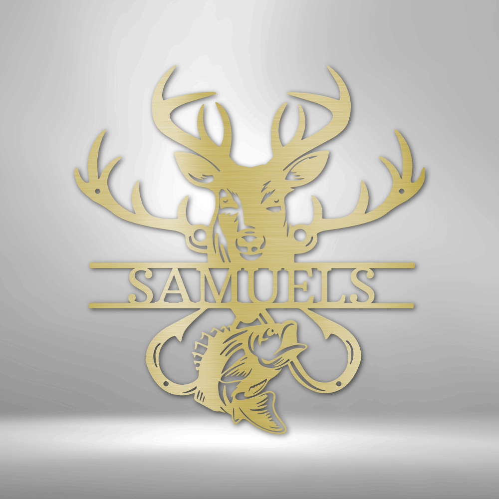 Personalized Outdoorsman Deer and fish Monogram - Steel Sign