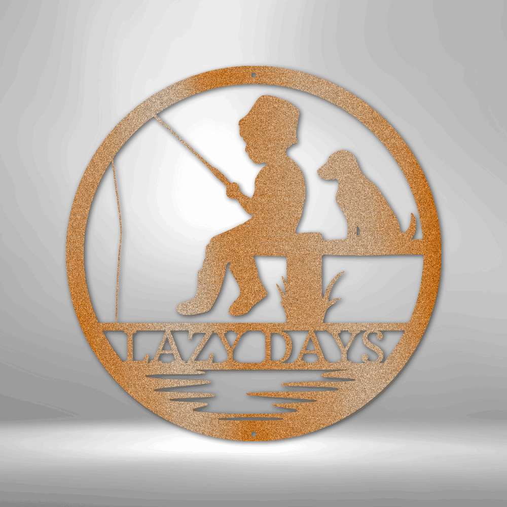 Personalized Little boy fishing with dog Monogram - Steel Sign